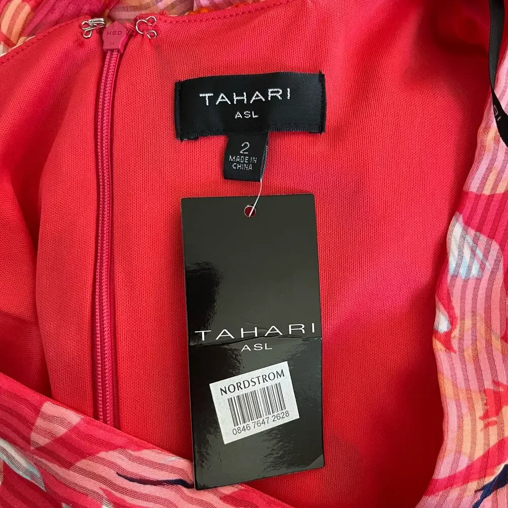 Tahari ASL Pink Floral Ruffle Hem Dress V-Neck Tie Waist Bridal Shower 2 NWT - Picture 5 of 16